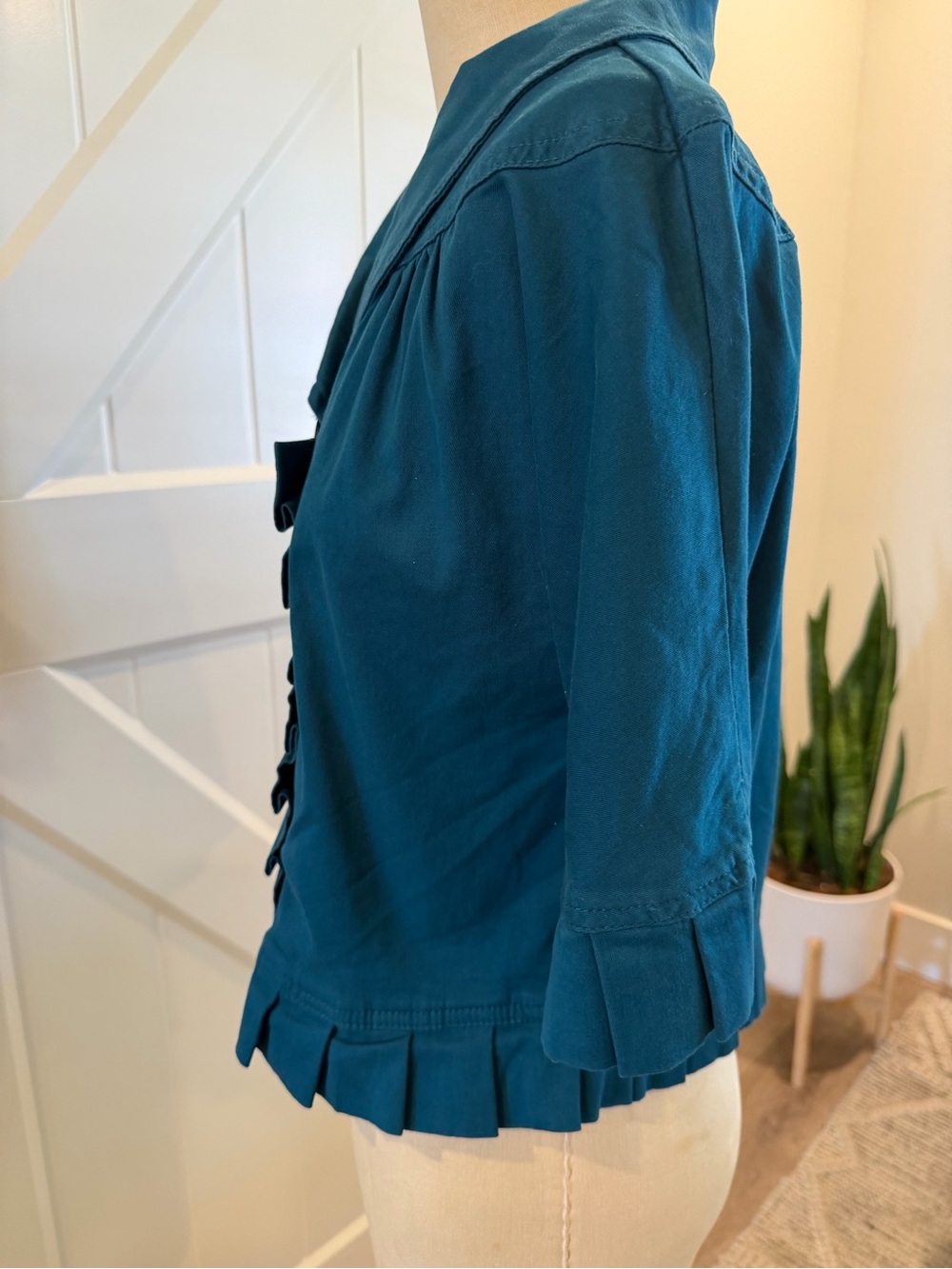 Teal Short-Sleeve Button-Front Ruffle Trim Shirt - Picture 3 of 4